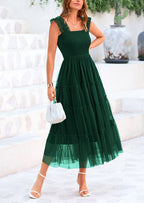 PRETTYGARDEN Women's Tulle Midi Dress Sleeveless Smocked Ruffle Mesh Flowy Dresses Party Wedding Guest Sundress