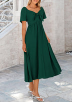 PRETTYGARDEN Summer Dress for Women Casual Short Sleeve Bow Tie V Neck Ruffle Midi Flowy Dresses
