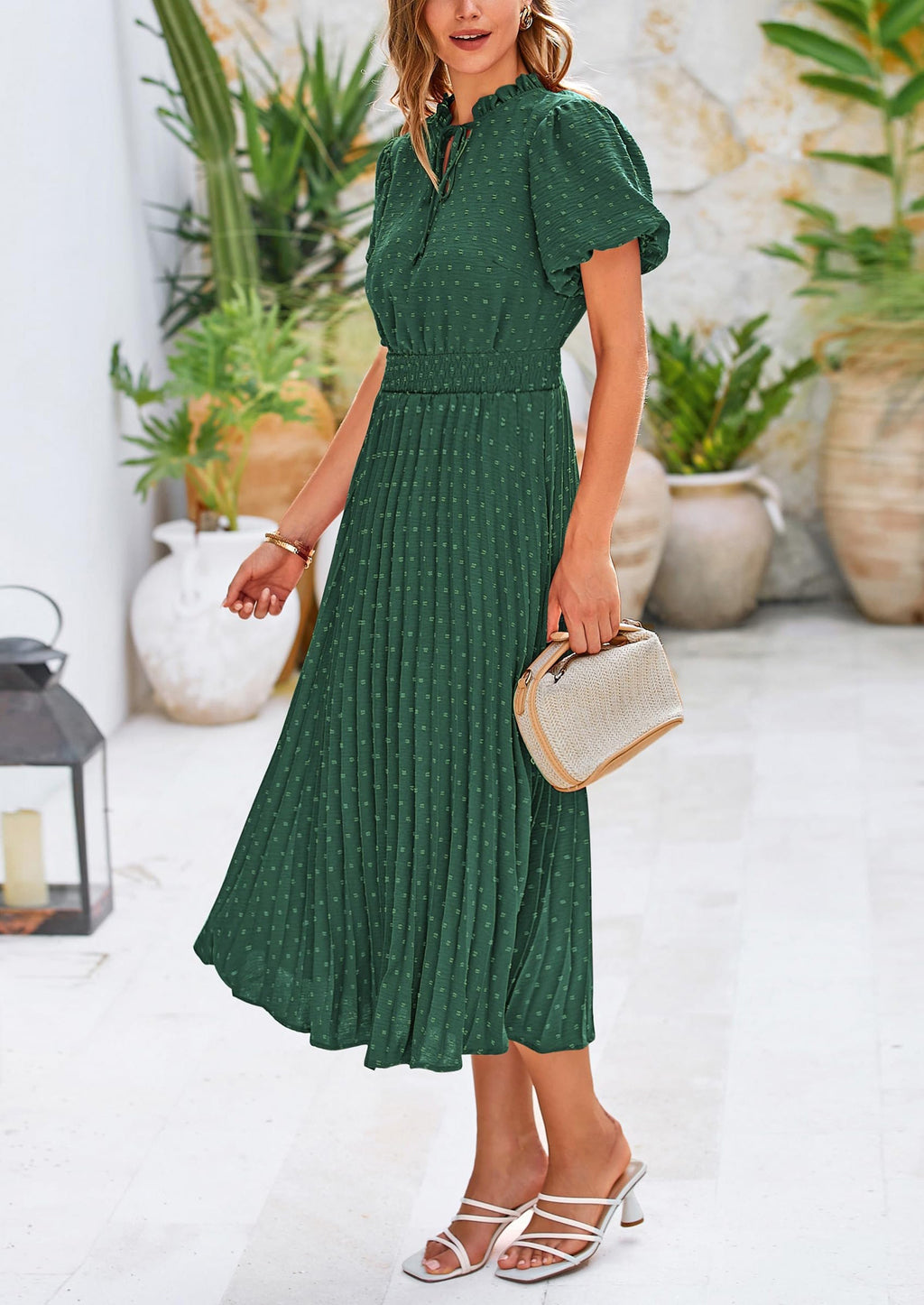 PRETTYGARDEN Womens Midi Dresses Puff Short Sleeve V Neck Swiss Dot Pleated A Line Flowy Long Wedding Guest Dress