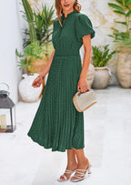PRETTYGARDEN Womens Midi Dresses Puff Short Sleeve V Neck Swiss Dot Pleated A Line Flowy Long Wedding Guest Dress