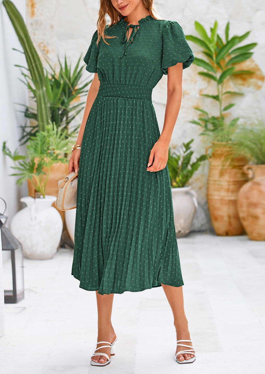 PRETTYGARDEN Womens Midi Dresses Puff Short Sleeve V Neck Swiss Dot Pleated A Line Flowy Long Wedding Guest Dress