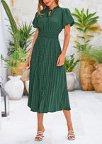 PRETTYGARDEN Womens Midi Dresses Puff Short Sleeve V Neck Swiss Dot Pleated A Line Flowy Long Wedding Guest Dress