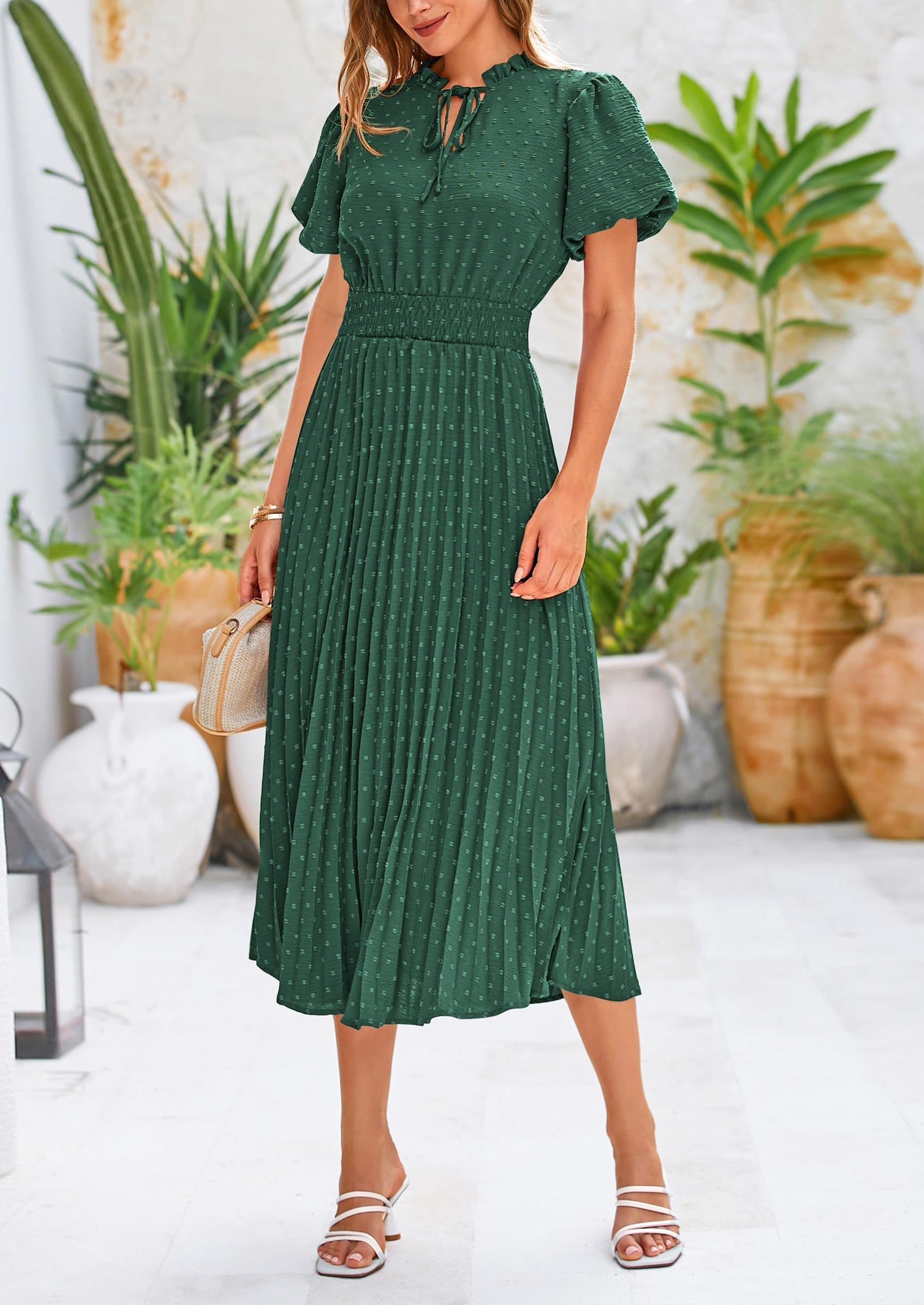 PRETTYGARDEN Womens Midi Dresses Puff Short Sleeve V Neck Swiss Dot Pleated A Line Flowy Long Wedding Guest Dress