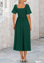 PRETTYGARDEN Summer Dress for Women Casual Short Sleeve Bow Tie V Neck Ruffle Midi Flowy Dresses