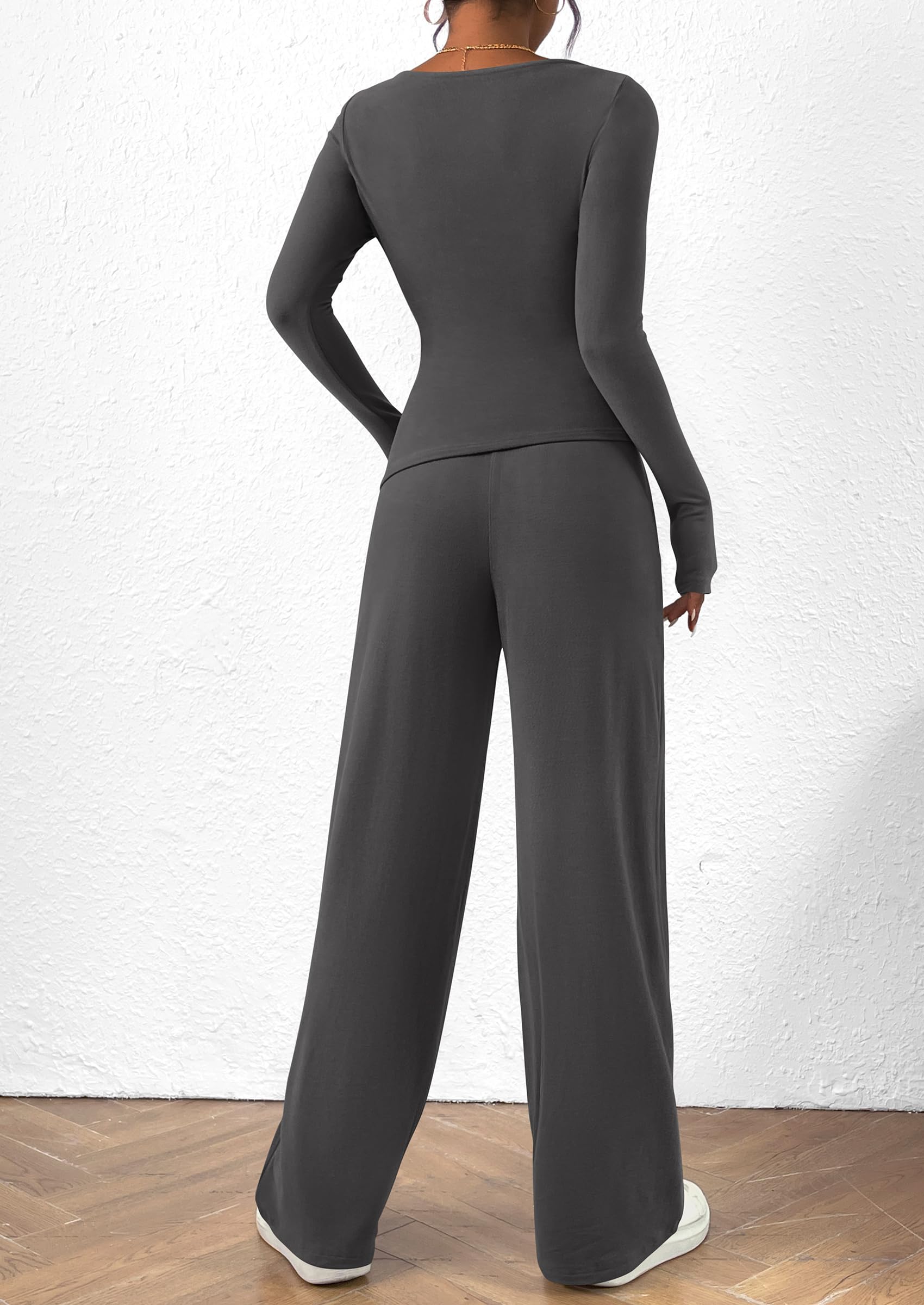 PRETTYGARDEN Women's 2 Piece Lounge Sets Asymmetrical Long Sleeve T Shirt Wide Leg Pants Casual Outfits Tracksuit