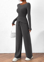PRETTYGARDEN Women's 2 Piece Lounge Sets Asymmetrical Long Sleeve T Shirt Wide Leg Pants Casual Outfits Tracksuit