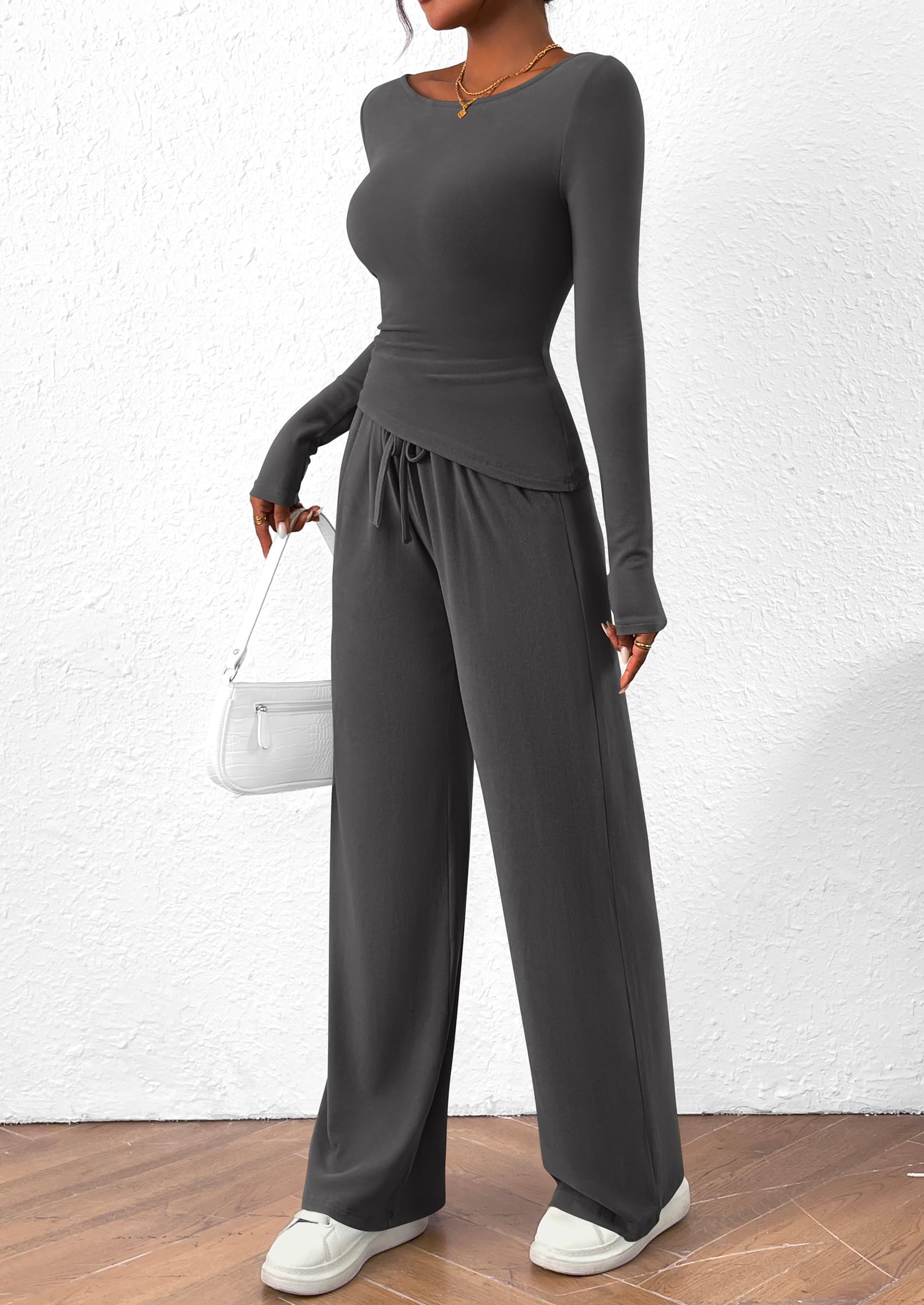 PRETTYGARDEN Women's 2 Piece Lounge Sets Asymmetrical Long Sleeve T Shirt Wide Leg Pants Casual Outfits Tracksuit