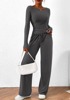 PRETTYGARDEN Women's 2 Piece Lounge Sets Asymmetrical Long Sleeve T Shirt Wide Leg Pants Casual Outfits Tracksuit