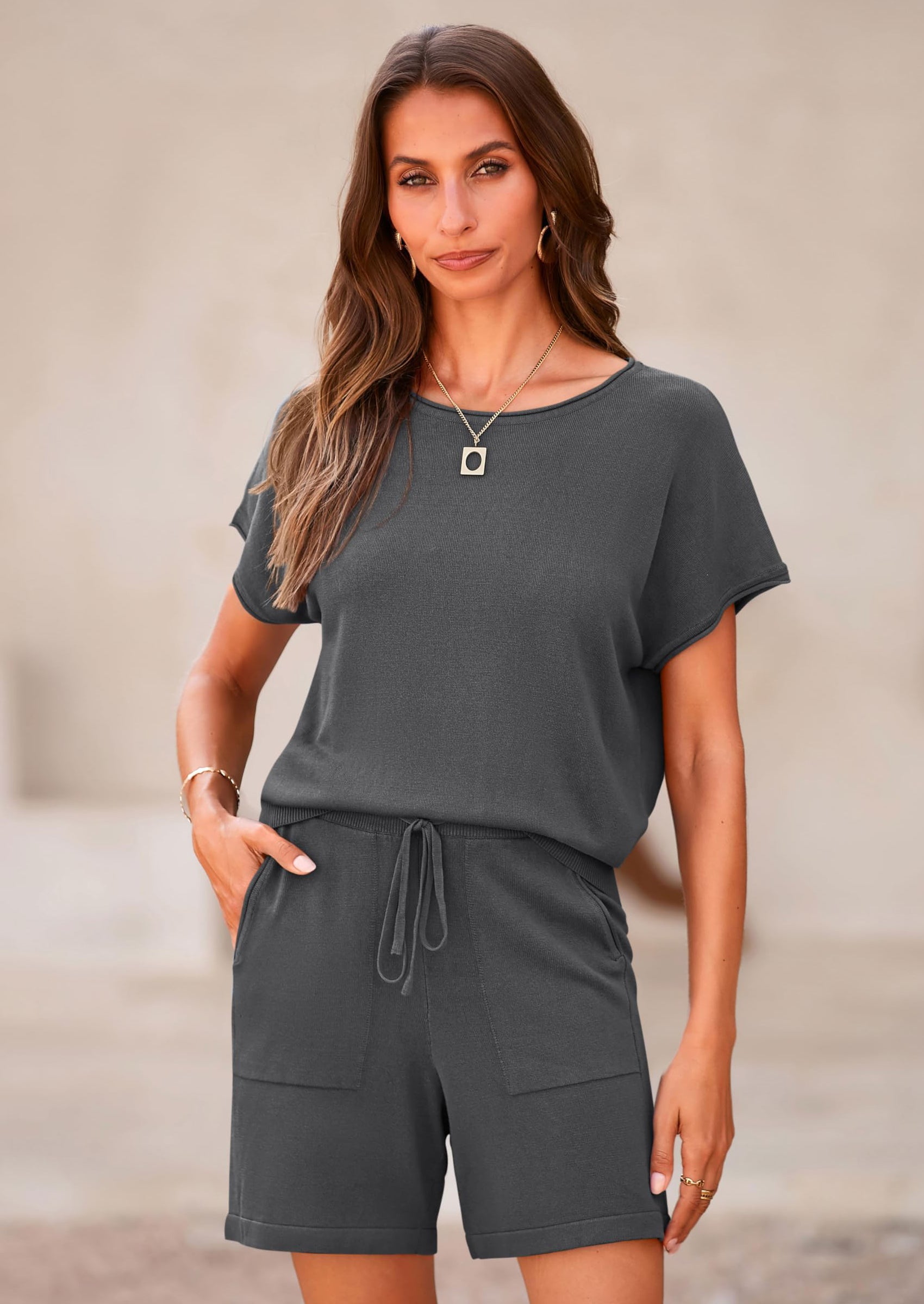 PRETTYGARDEN Two Piece Set for Women Summer Lounge Sets Shorts And Short Sleeve Tops Knitted Matching Travel Spring Outfits
