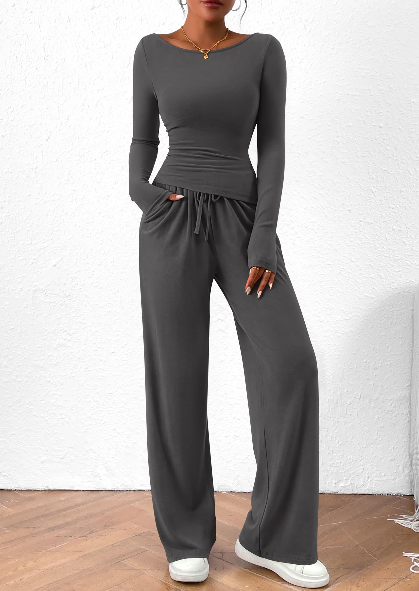 PRETTYGARDEN Women's 2 Piece Lounge Sets Asymmetrical Long Sleeve T Shirt Wide Leg Pants Casual Outfits Tracksuit