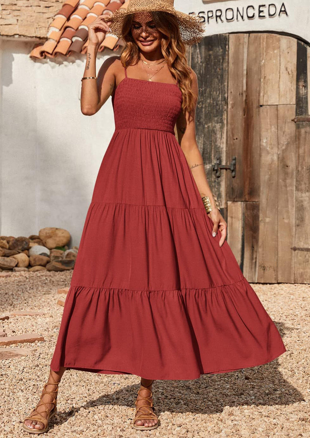 PRETTYGARDEN Women's Summer Maxi Dress Casual Boho Sleeveless Spaghetti Strap Smocked Tiered Long Beach Sundresses