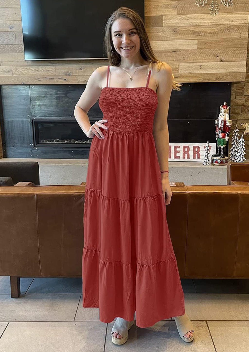 PRETTYGARDEN Women's Summer Maxi Dress Casual Boho Sleeveless Spaghetti Strap Smocked Tiered Long Beach Sundresses