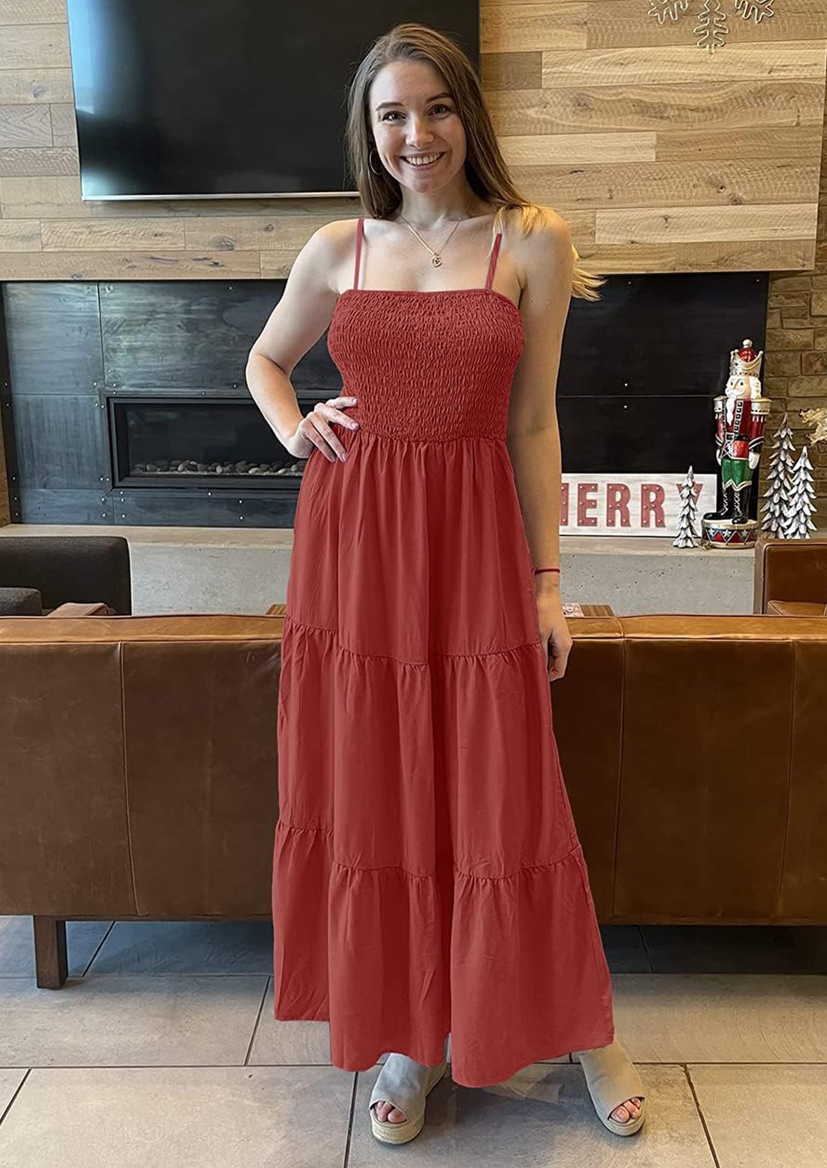 PRETTYGARDEN Women's Summer Maxi Dress Casual Boho Sleeveless Spaghetti Strap Smocked Tiered Long Beach Sundresses