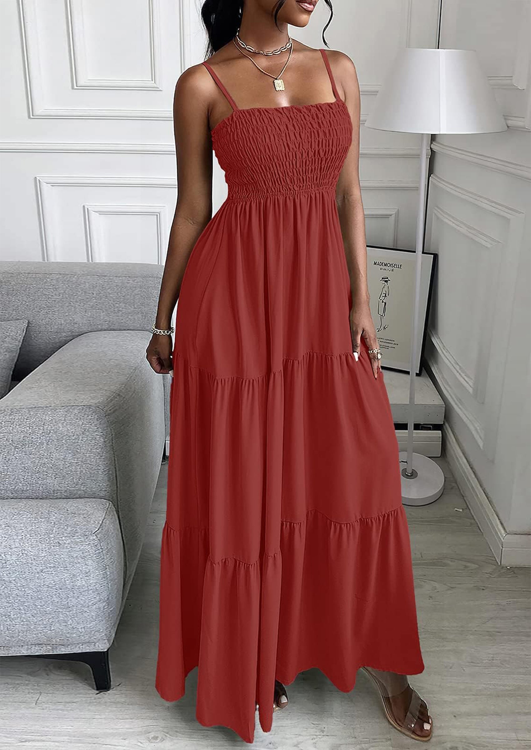 PRETTYGARDEN Women's Summer Maxi Dress Casual Boho Sleeveless Spaghetti Strap Smocked Tiered Long Beach Sundresses