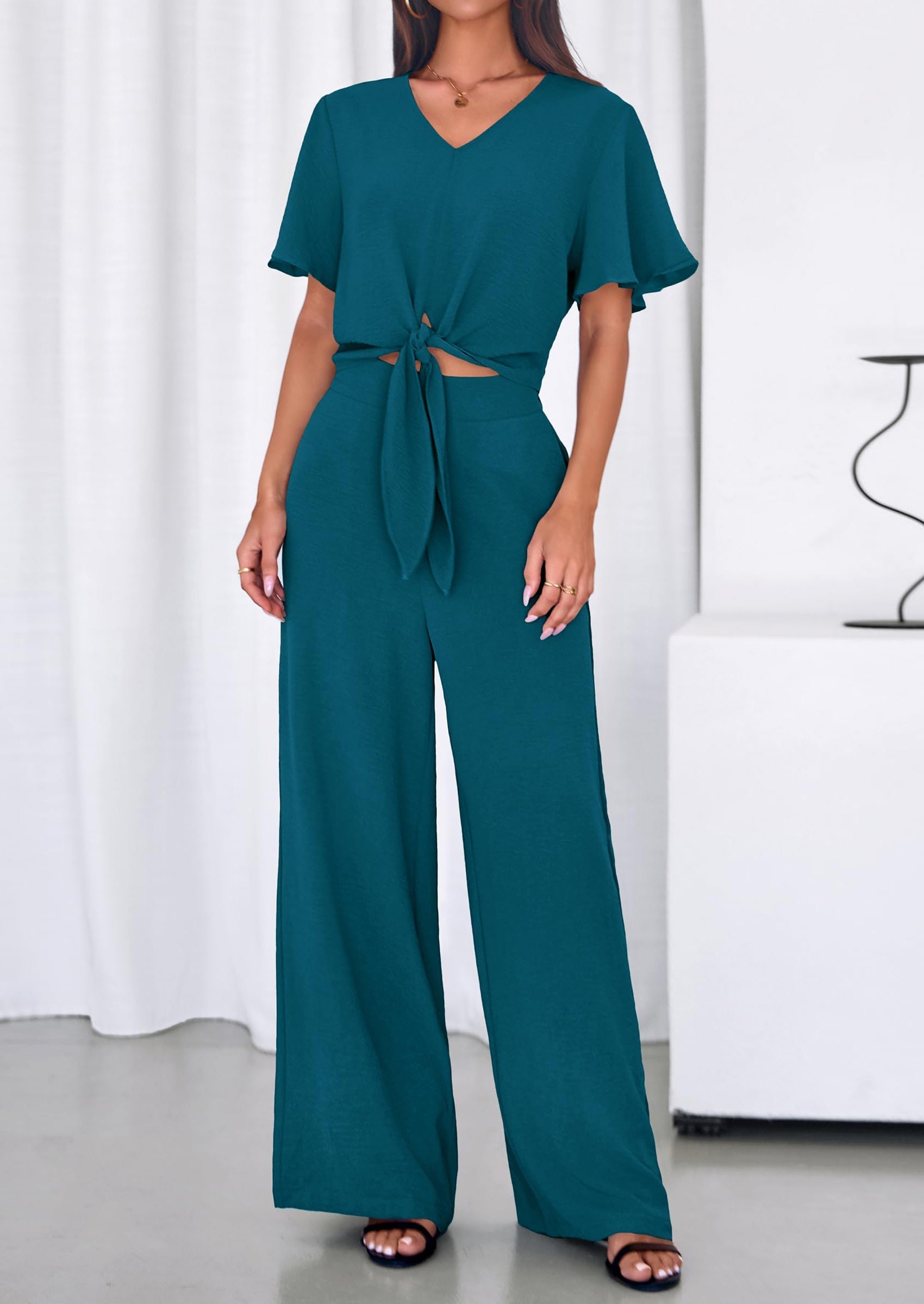 PRETTYGARDEN Women 2 Piece Summer Outfits Short Sleeve Strappy Top Wide Leg Pants Tracksuit Lounge Sets Beach Clothes