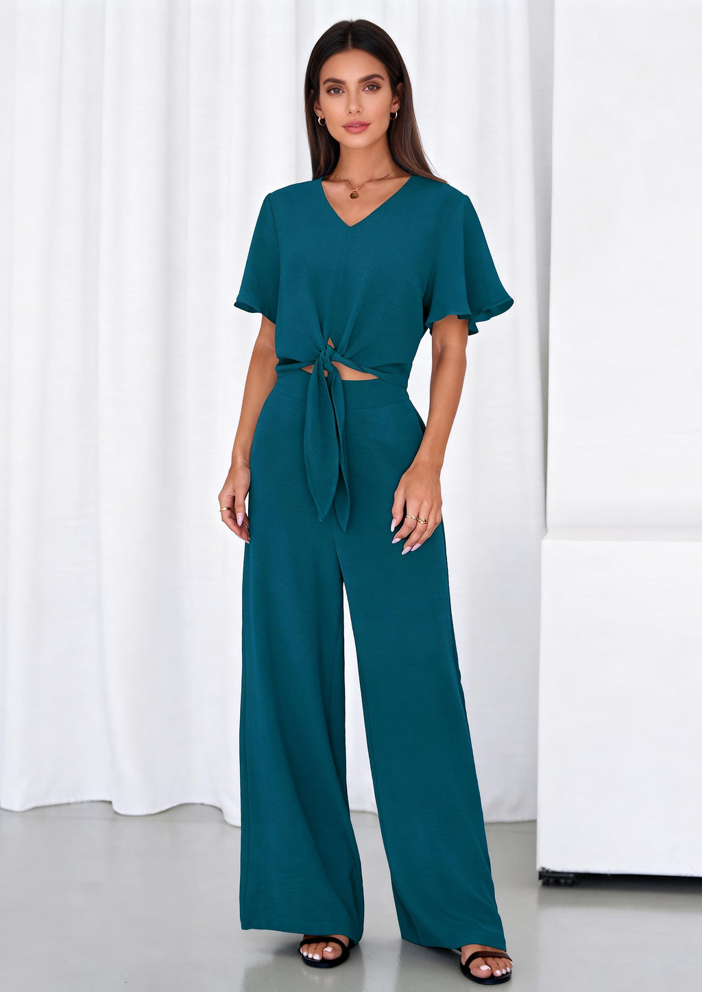 PRETTYGARDEN Women 2 Piece Summer Outfits Short Sleeve Strappy Top Wide Leg Pants Tracksuit Lounge Sets Beach Clothes