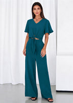 PRETTYGARDEN Women 2 Piece Summer Outfits Short Sleeve Strappy Top Wide Leg Pants Tracksuit Lounge Sets Beach Clothes