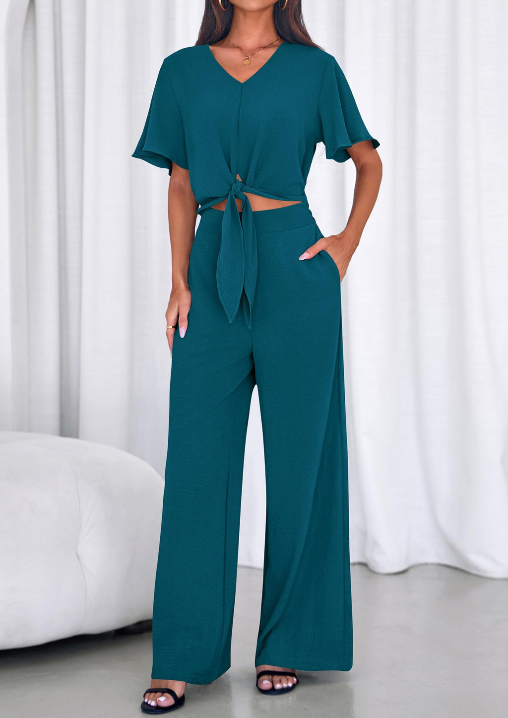 PRETTYGARDEN Women 2 Piece Summer Outfits Short Sleeve Strappy Top Wide Leg Pants Tracksuit Lounge Sets Beach Clothes