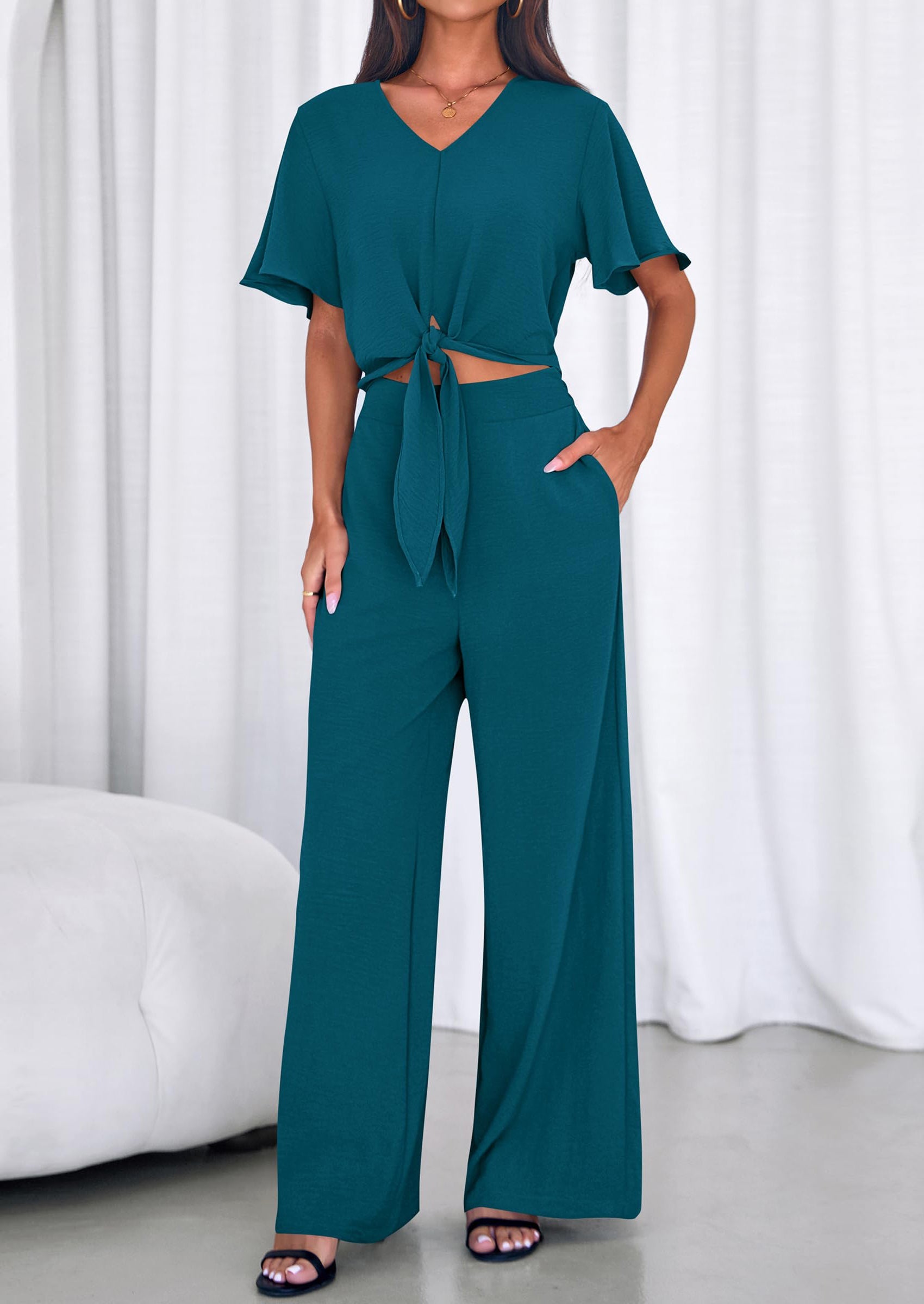 PRETTYGARDEN Women 2 Piece Summer Outfits Short Sleeve Strappy Top Wide Leg Pants Tracksuit Lounge Sets Beach Clothes