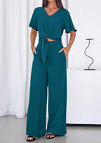 PRETTYGARDEN Women 2 Piece Summer Outfits Short Sleeve Strappy Top Wide Leg Pants Tracksuit Lounge Sets Beach Clothes