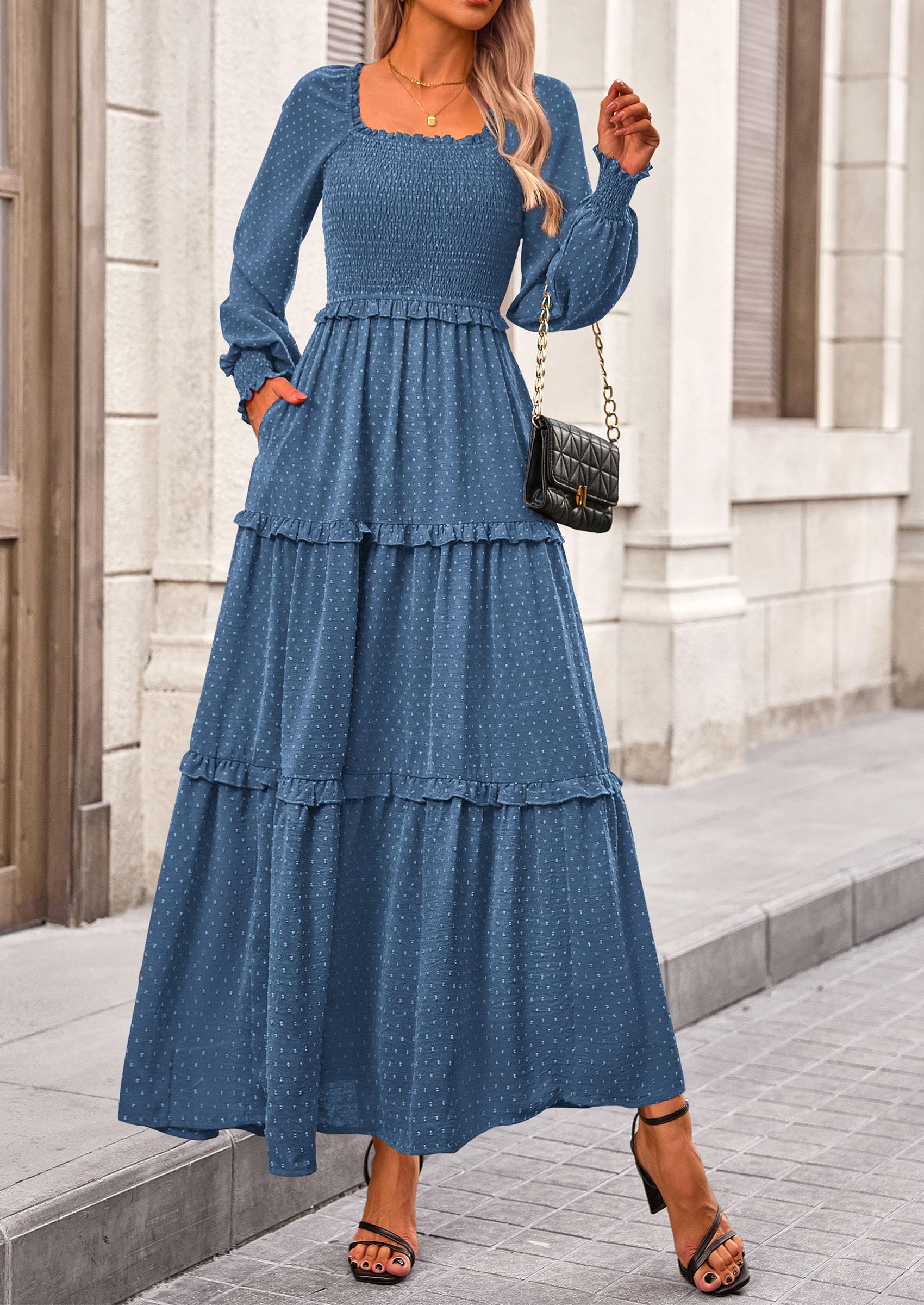 PRETTYGARDEN Women Fall Long Sleeve Smocked Maxi Dress Casual Square Neck Swiss Dot Tiered Ruffle Flowy Spring Pocket Dresses