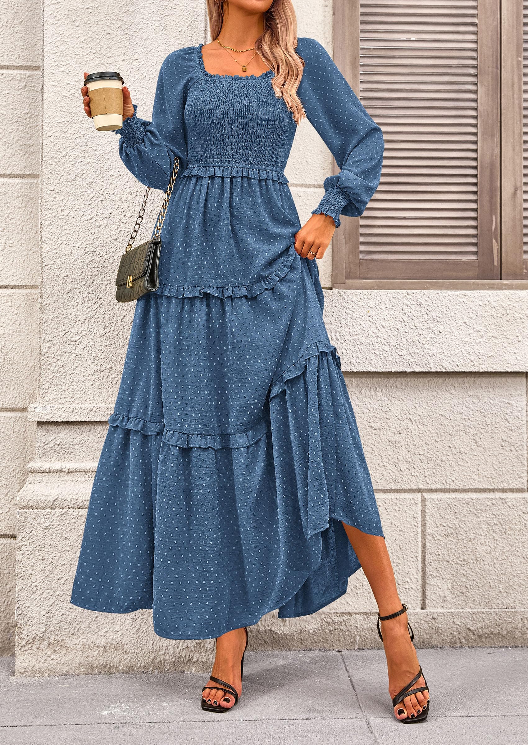 PRETTYGARDEN Women Fall Long Sleeve Smocked Maxi Dress Casual Square Neck Swiss Dot Tiered Ruffle Flowy Spring Pocket Dresses
