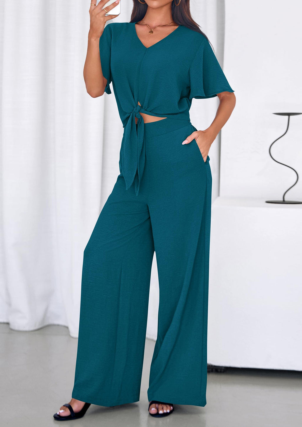 PRETTYGARDEN Women 2 Piece Summer Outfits Short Sleeve Strappy Top Wide Leg Pants Tracksuit Lounge Sets Beach Clothes