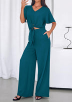 PRETTYGARDEN Women 2 Piece Summer Outfits Short Sleeve Strappy Top Wide Leg Pants Tracksuit Lounge Sets Beach Clothes