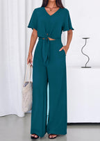 PRETTYGARDEN Women 2 Piece Summer Outfits Short Sleeve Strappy Top Wide Leg Pants Tracksuit Lounge Sets Beach Clothes