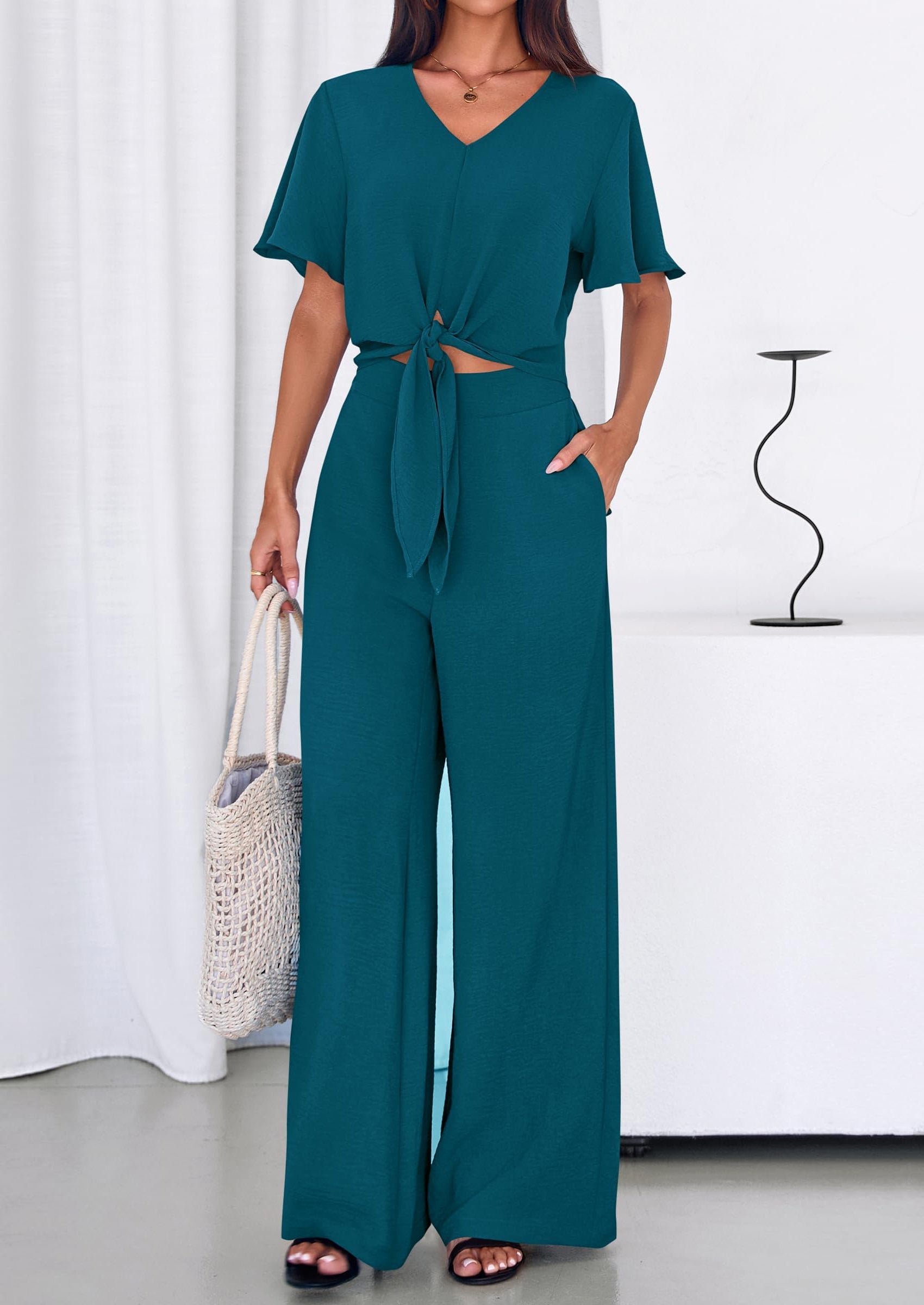 PRETTYGARDEN Women 2 Piece Summer Outfits Short Sleeve Strappy Top Wide Leg Pants Tracksuit Lounge Sets Beach Clothes