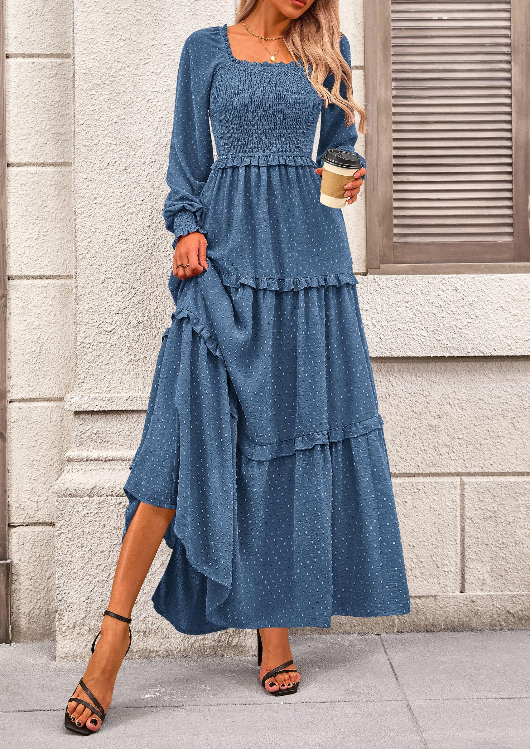 PRETTYGARDEN Women Fall Long Sleeve Smocked Maxi Dress Casual Square Neck Swiss Dot Tiered Ruffle Flowy Spring Pocket Dresses