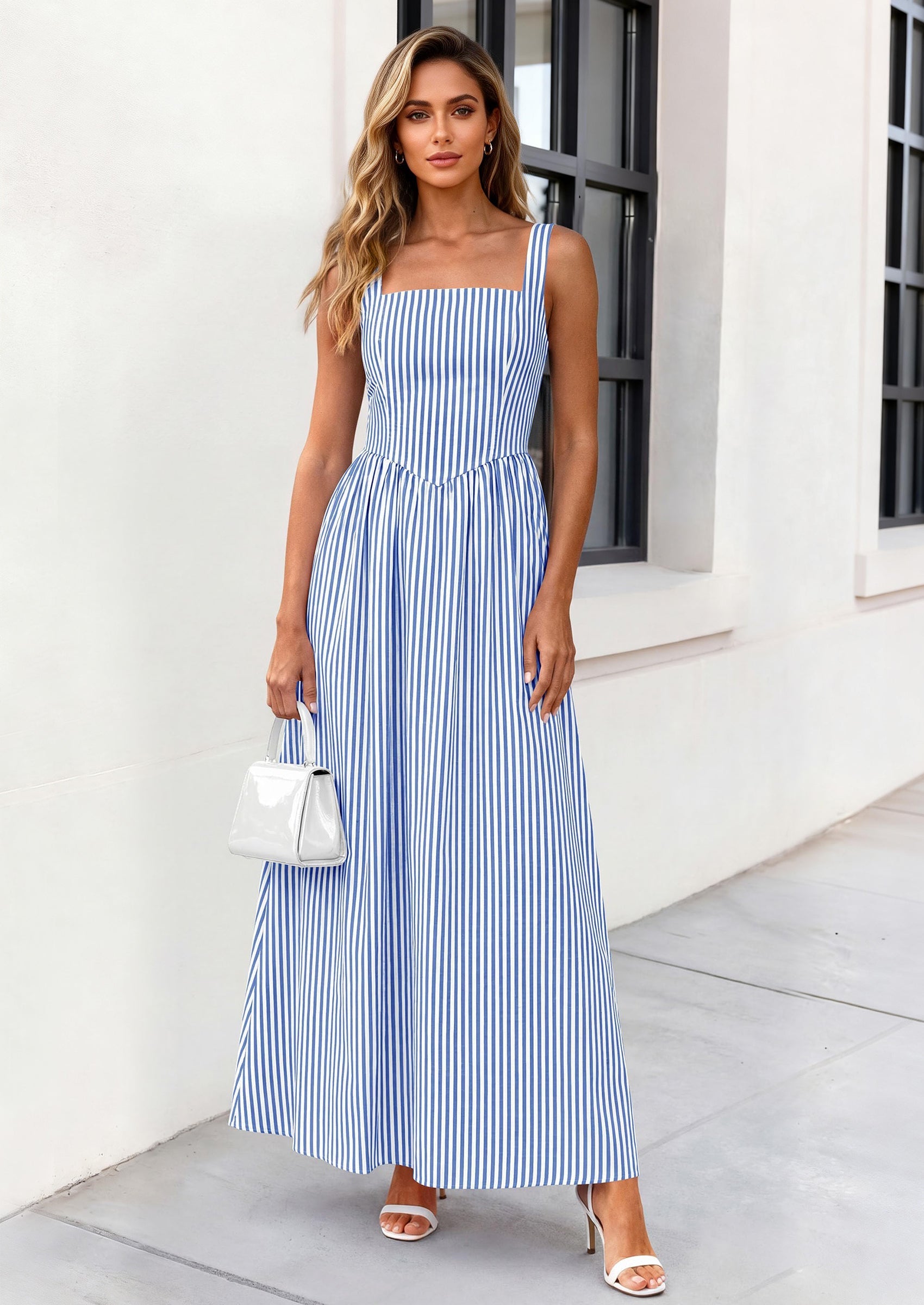 PRETTYGARDEN Women's Maxi Striped Dress Summer Sleeveless Square Neck Smocked A Line Long Flowy Spring Vacation Sundress