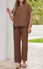 PRETTYGARDEN 2 Piece Outfits For Women Casual Tracksuit Short Sleeve Tops And Wide Leg Long Pants Matching Lounge Sets