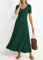 PRETTYGARDEN Women's Spring Midi Sweater Dresses Elegant Pleated Ribbed Knit Short Sleeve V Neck A Line Summer Outfits
