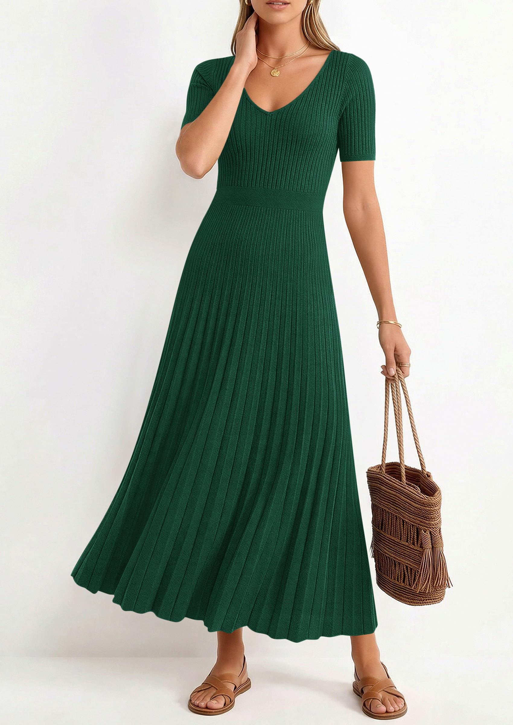 PRETTYGARDEN Women's Spring Midi Sweater Dresses Elegant Pleated Ribbed Knit Short Sleeve V Neck A Line Summer Outfits