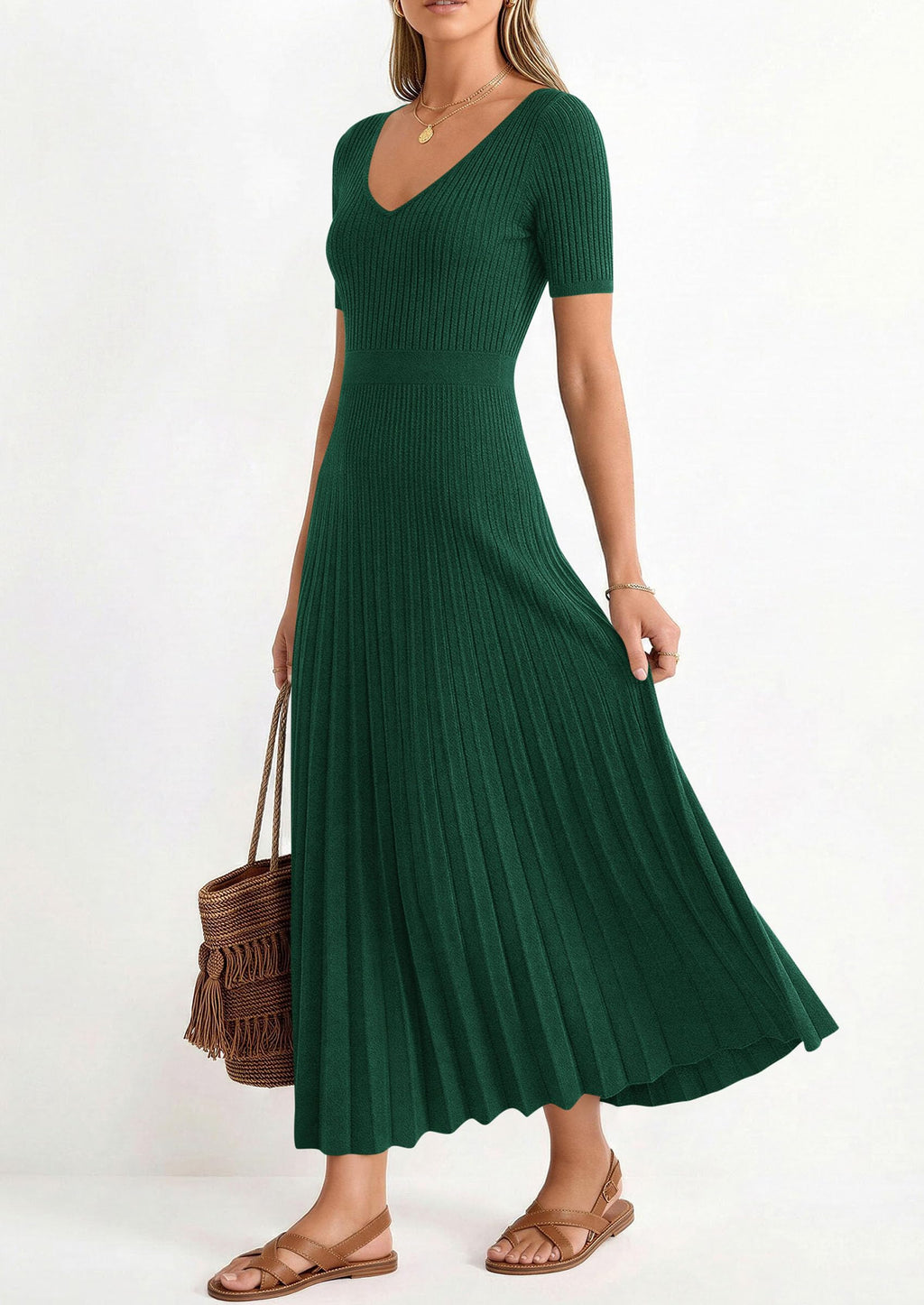 PRETTYGARDEN Women's Spring Midi Sweater Dresses Elegant Pleated Ribbed Knit Short Sleeve V Neck A Line Summer Outfits