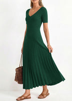 PRETTYGARDEN Women's Spring Midi Sweater Dresses Elegant Pleated Ribbed Knit Short Sleeve V Neck A Line Summer Outfits