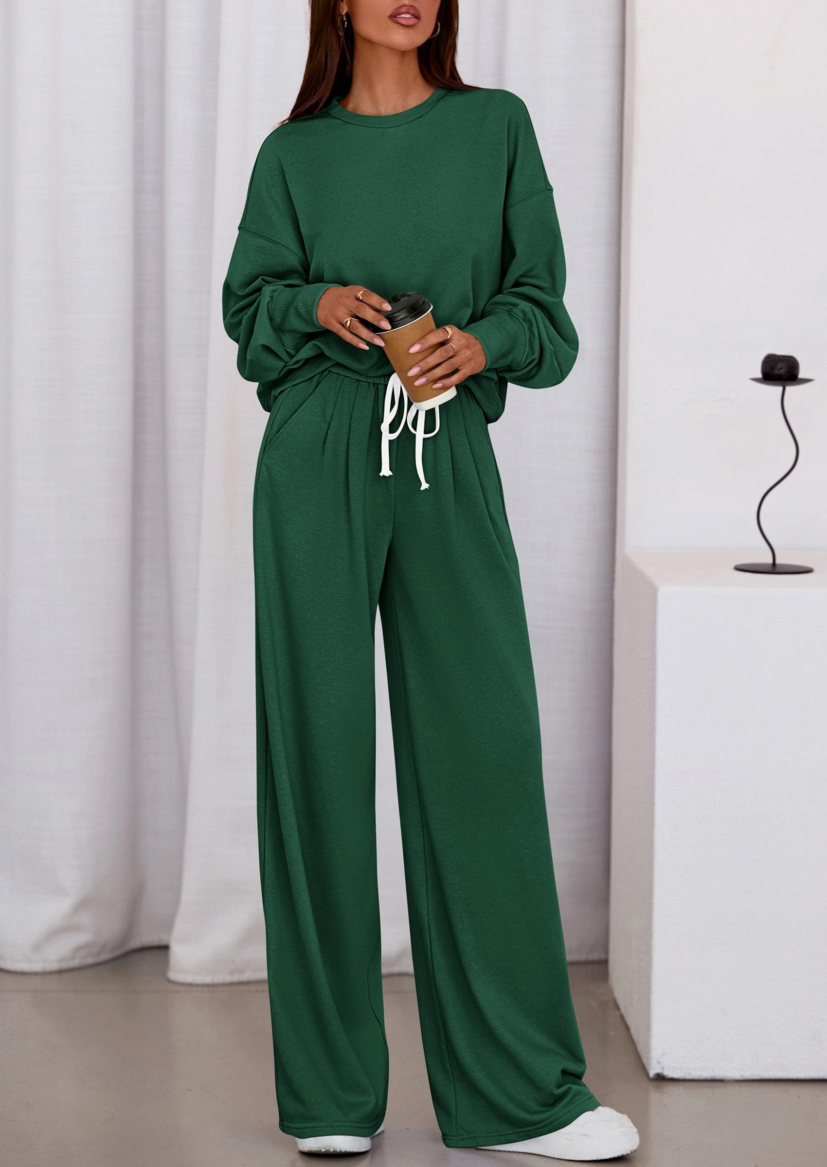 PRETTYGARDEN Womens 2 Piece Sets Long Sleeve Sweatshirt Wide Leg Pants Loose Matching Lounge Set Trendy Fall Outfits