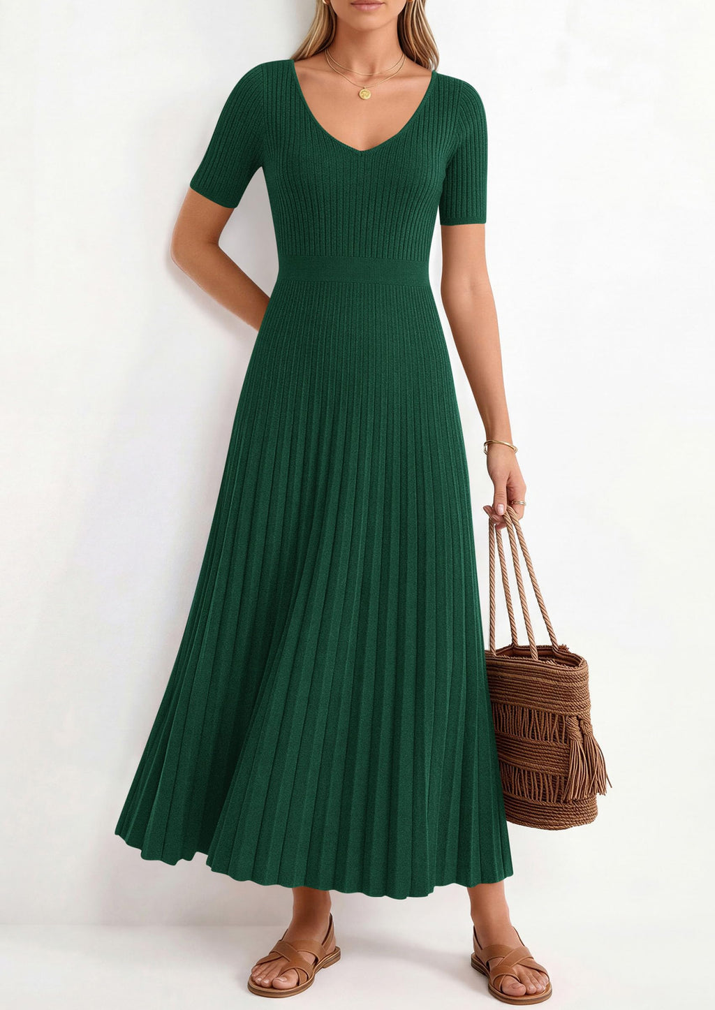 PRETTYGARDEN Women's Spring Midi Sweater Dresses Elegant Pleated Ribbed Knit Short Sleeve V Neck A Line Summer Outfits