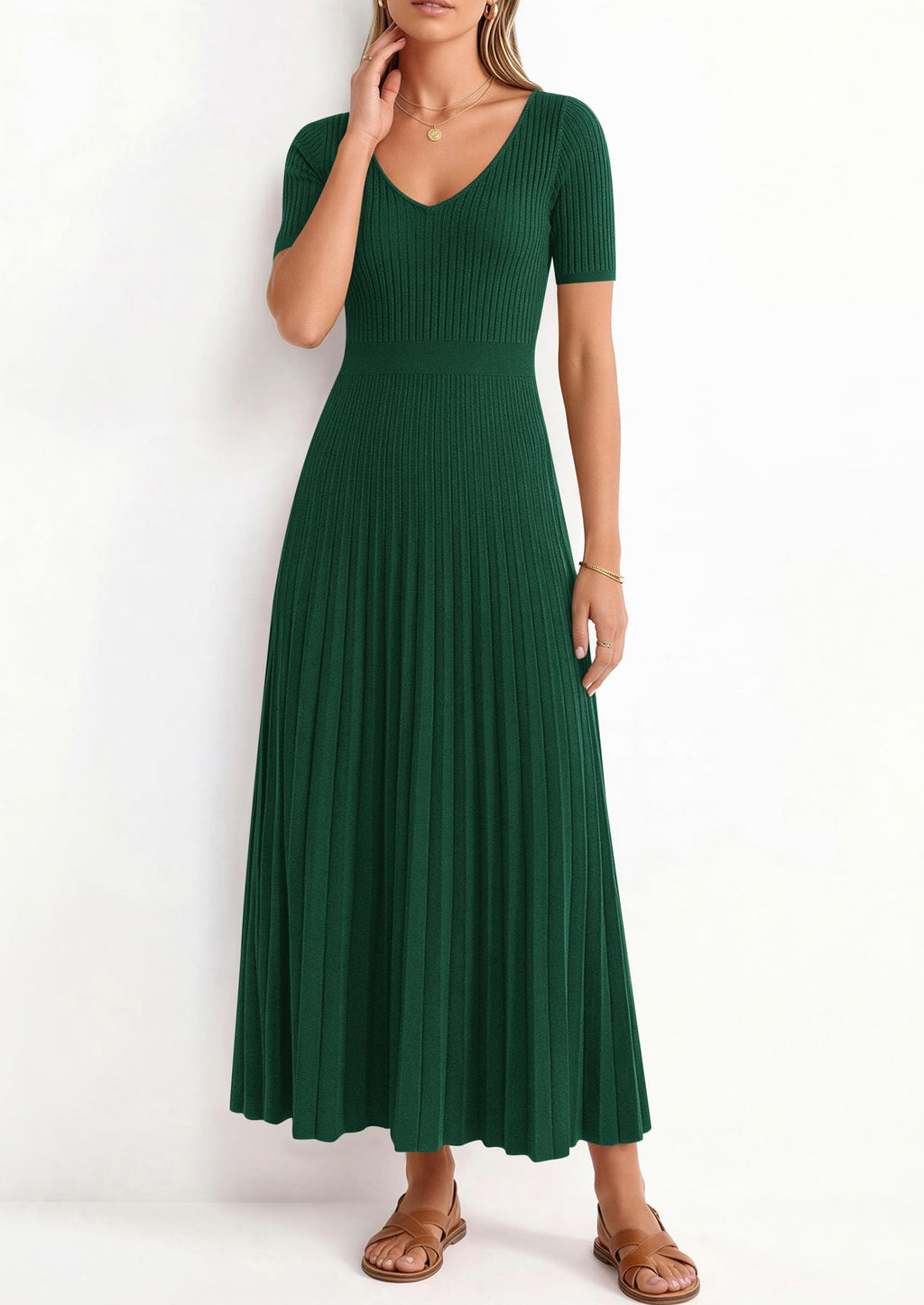 PRETTYGARDEN Women's Spring Midi Sweater Dresses Elegant Pleated Ribbed Knit Short Sleeve V Neck A Line Summer Outfits