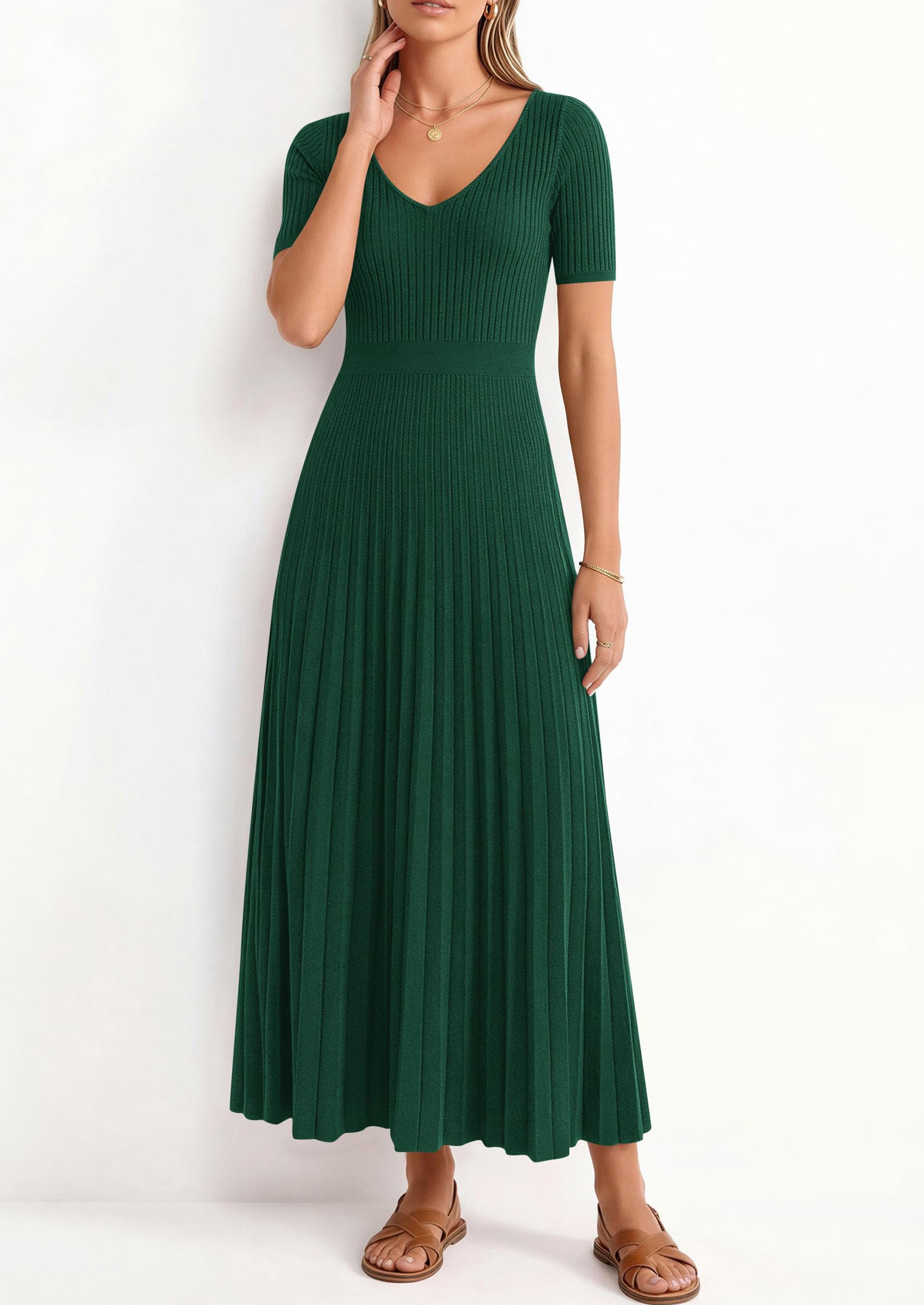 PRETTYGARDEN Women's Spring Midi Sweater Dresses Elegant Pleated Ribbed Knit Short Sleeve V Neck A Line Summer Outfits