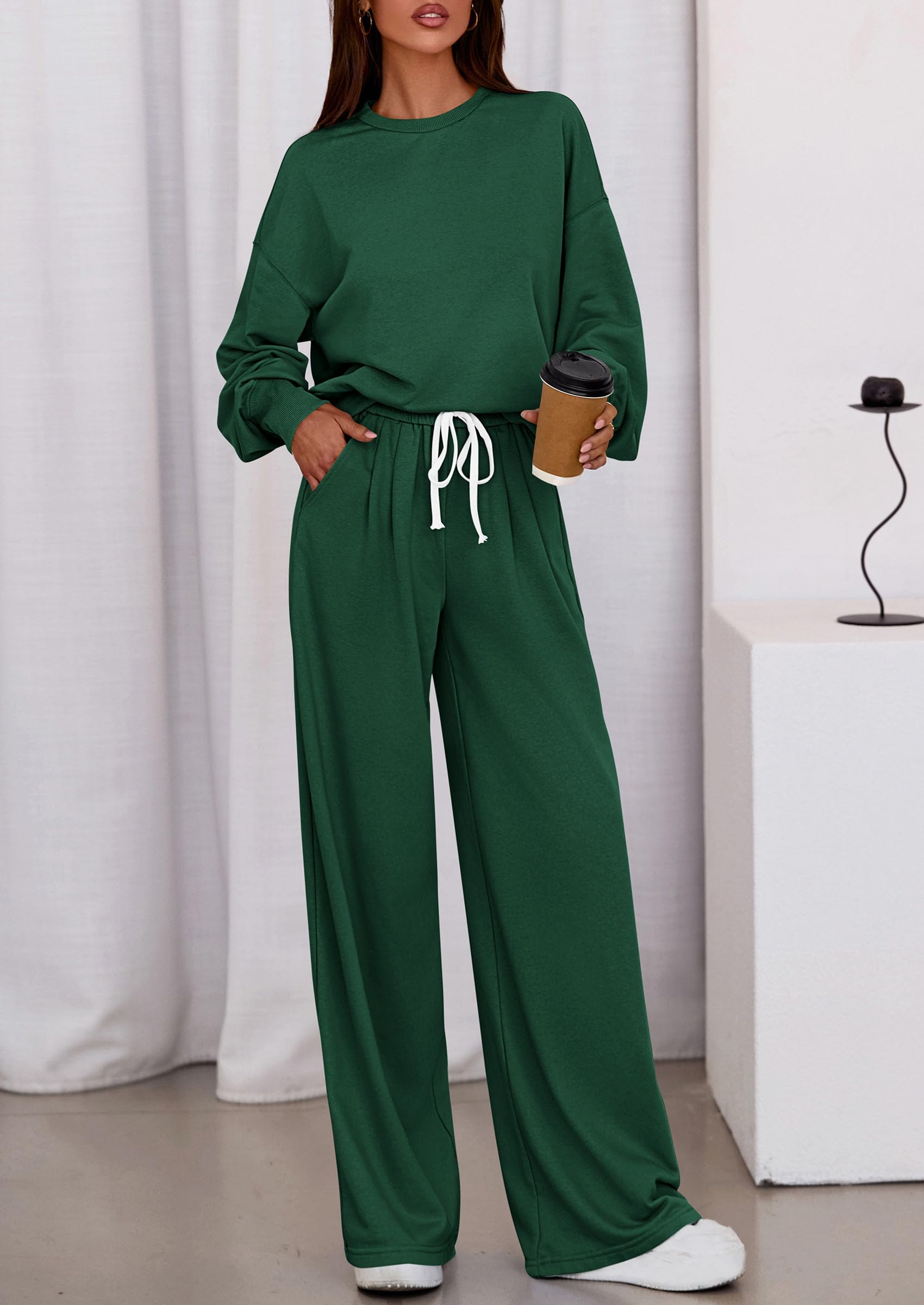 PRETTYGARDEN Womens 2 Piece Sets Long Sleeve Sweatshirt Wide Leg Pants Loose Matching Lounge Set Trendy Fall Outfits