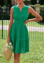 PRETTYGARDEN Women's Summer Dresses Sleeveless V Neck Eyelet Hollow Out Swing A Line Beach Vacation Sun Dress