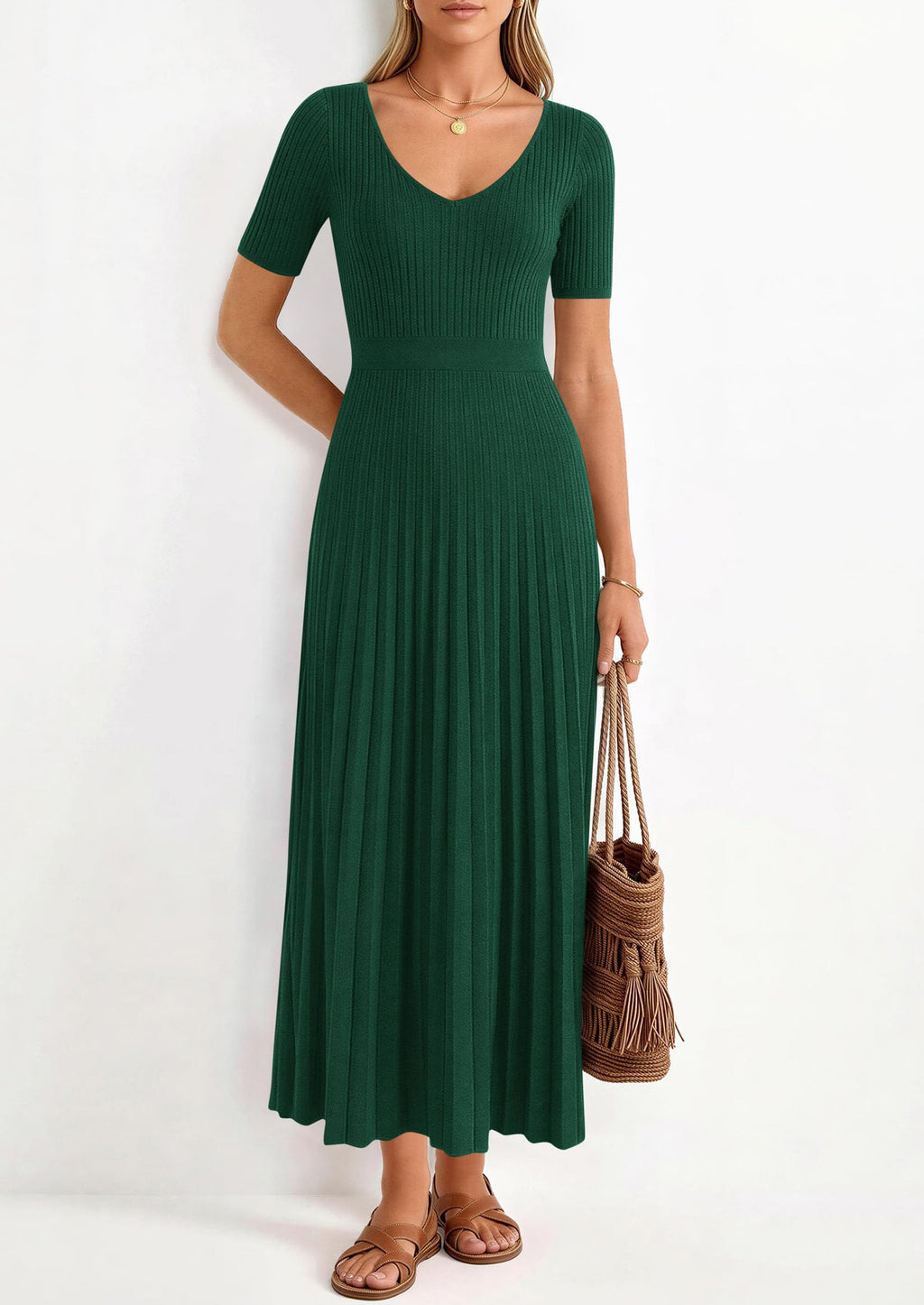 PRETTYGARDEN Women's Spring Midi Sweater Dresses Elegant Pleated Ribbed Knit Short Sleeve V Neck A Line Summer Outfits