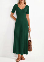 PRETTYGARDEN Women's Spring Midi Sweater Dresses Elegant Pleated Ribbed Knit Short Sleeve V Neck A Line Summer Outfits