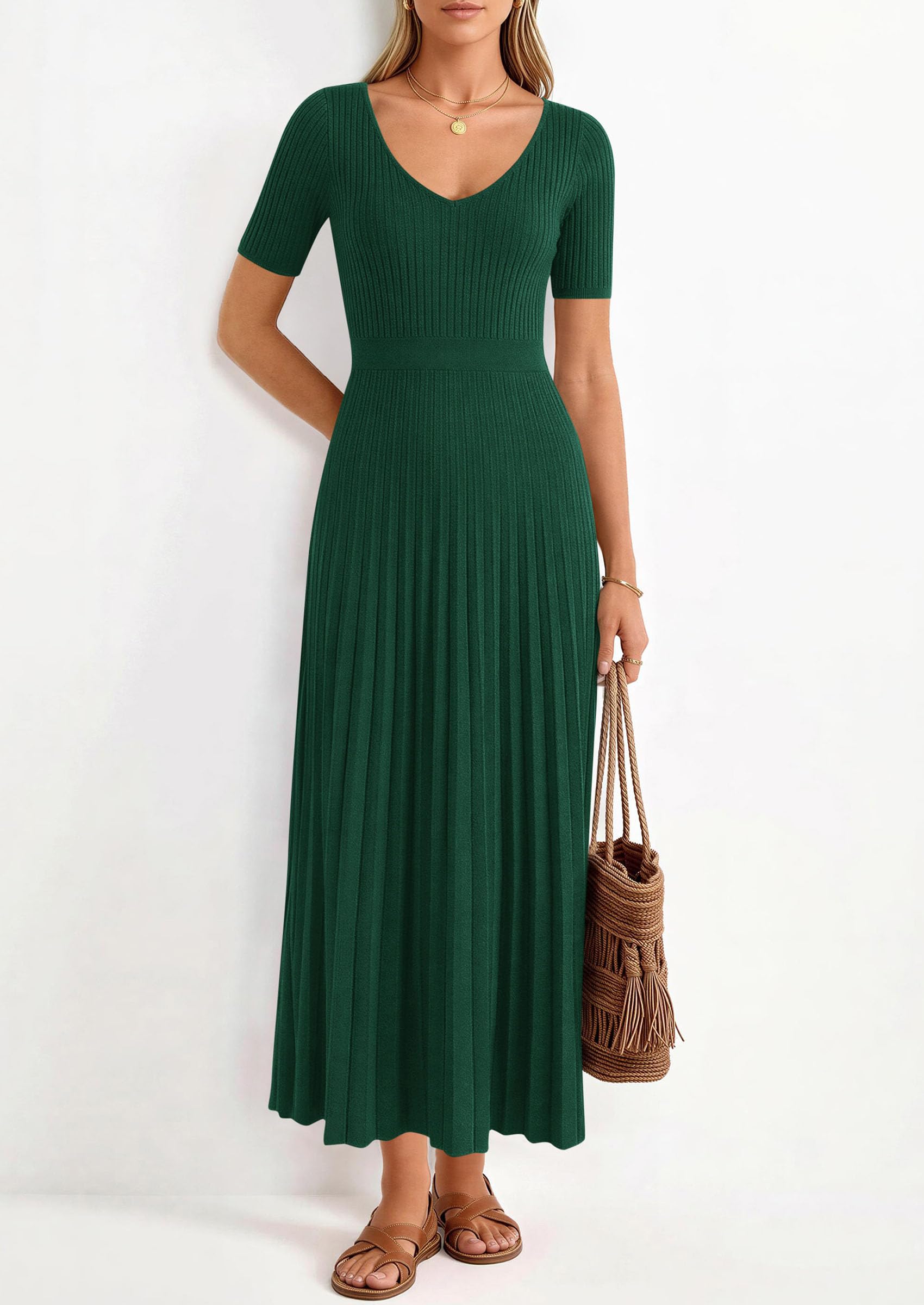 PRETTYGARDEN Women's Spring Midi Sweater Dresses Elegant Pleated Ribbed Knit Short Sleeve V Neck A Line Summer Outfits