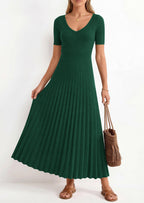 PRETTYGARDEN Women's Spring Midi Sweater Dresses Elegant Pleated Ribbed Knit Short Sleeve V Neck A Line Summer Outfits