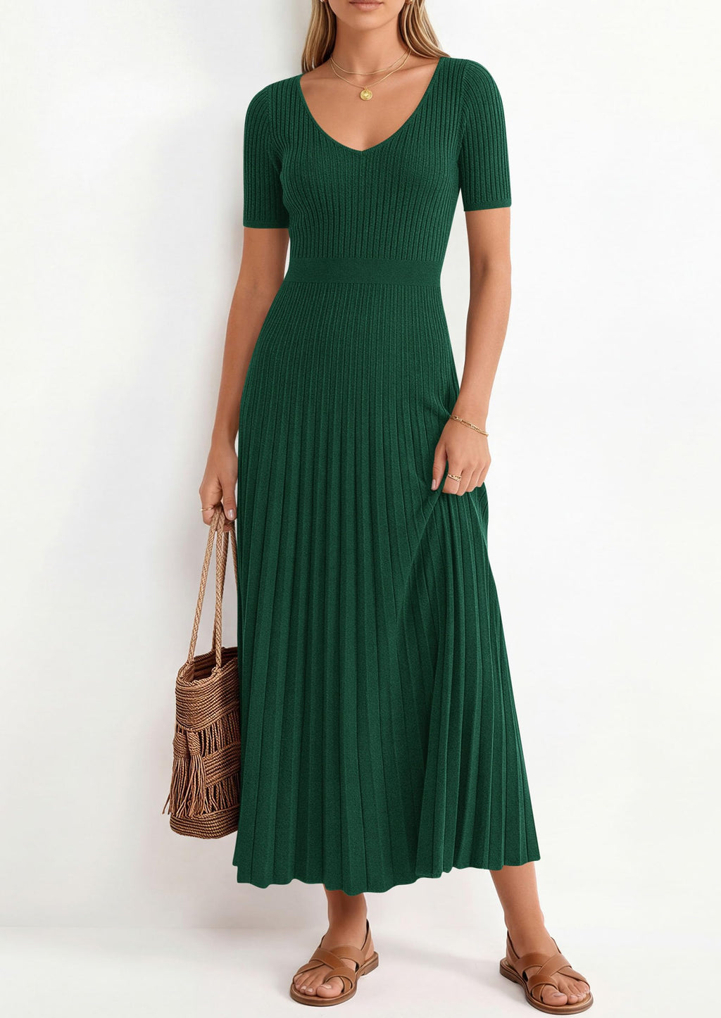 PRETTYGARDEN Women's Spring Midi Sweater Dresses Elegant Pleated Ribbed Knit Short Sleeve V Neck A Line Summer Outfits