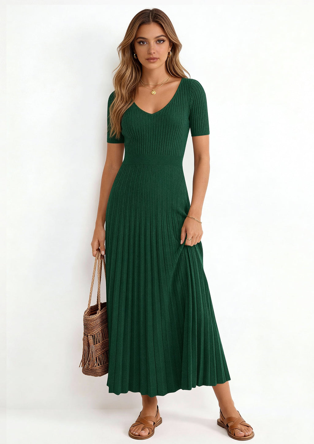 PRETTYGARDEN Women's Spring Midi Sweater Dresses Elegant Pleated Ribbed Knit Short Sleeve V Neck A Line Summer Outfits