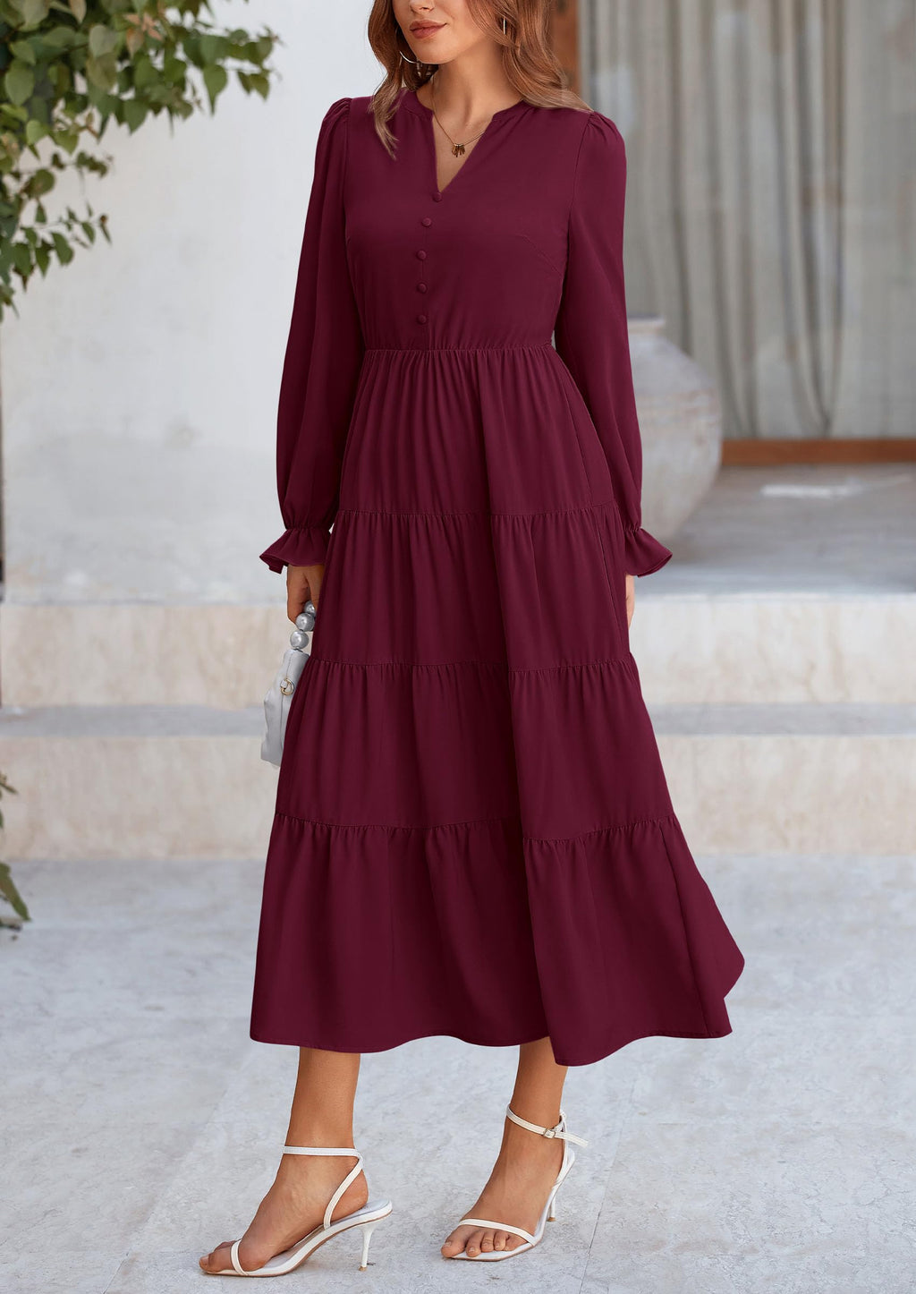 PRETTYGARDEN Women Fall Long Sleeve Smocked Maxi Dress Casual Square Neck Swiss Dot Tiered Ruffle Flowy Spring Pocket Dresses